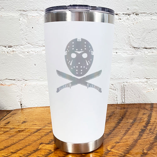 20oz white tumbler with silver slasher face and criss cross knives below it