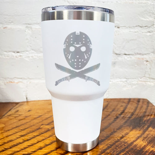 30oz white tumbler with silver slasher face and criss cross knives below it